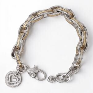 Brighton Vintage Retired Two Tone Chunky Chain Heart Charm Bracelet 8-9 Inch